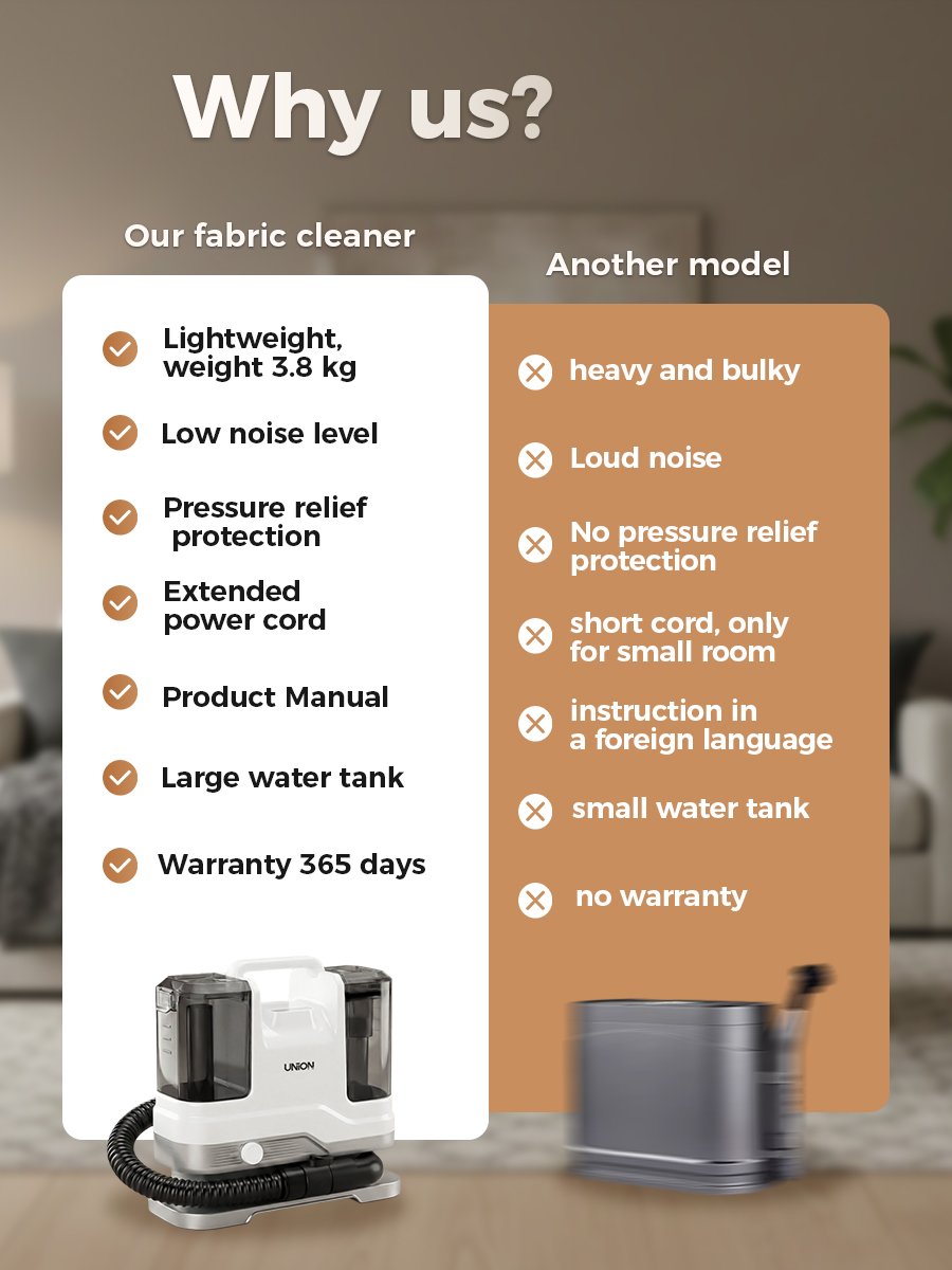 Why Choose Our Fabric Cleaner | Cold Water Upholstery Cleaner Why choose our cold water upholstery cleaner, lightweight 3.8kg, low noise, pressure relief protection, long cord, large tank and 365-day warranty vs other models