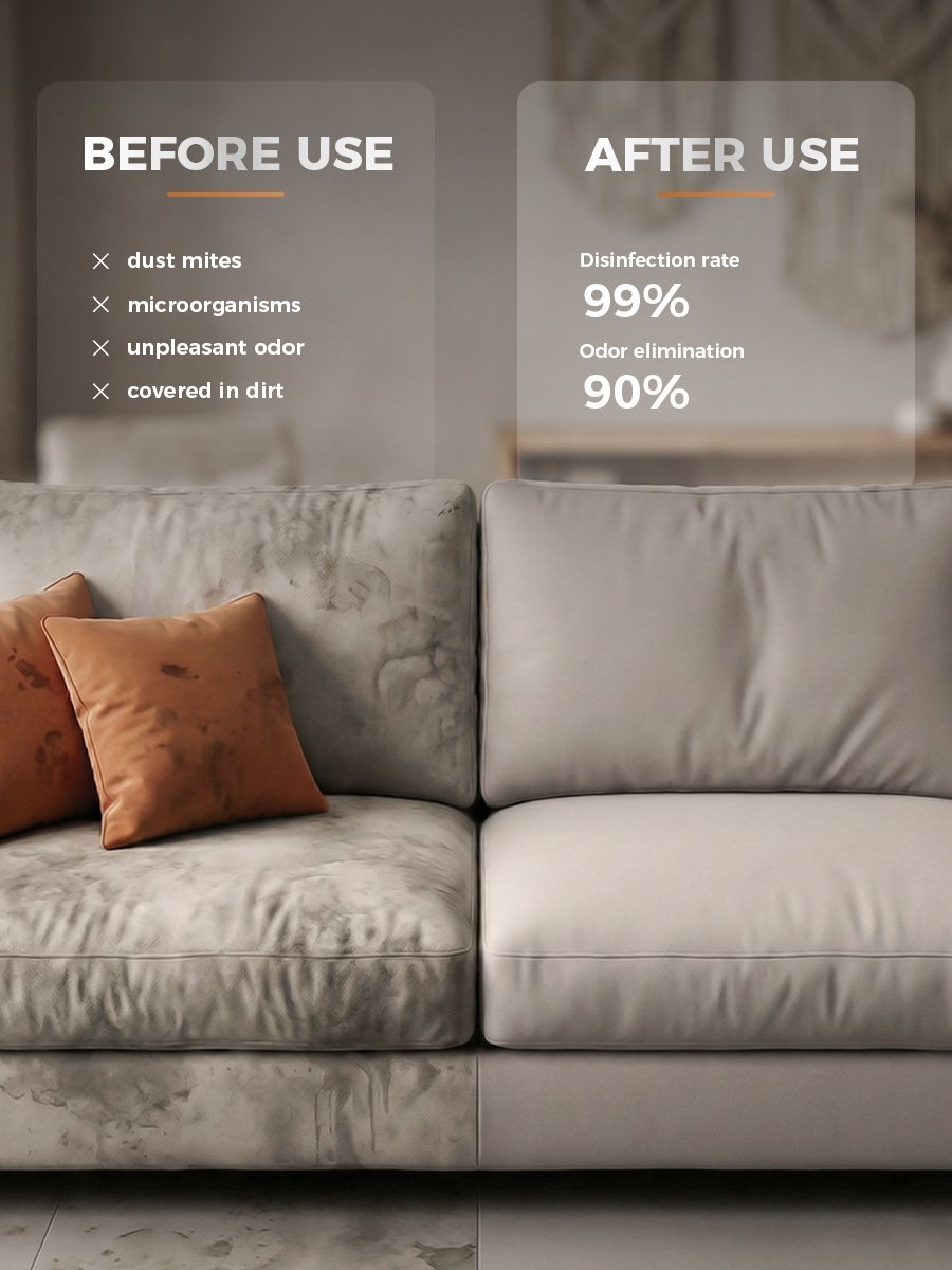 Before & After Cleaning | Cold Water Upholstery Cleaner Cold water upholstery cleaner before and after use, removes dust mites, microorganisms, odor and dirt with 99% disinfection rate and 90% odor elimination