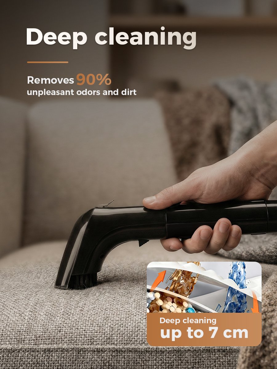 Deep Cleaning Performance | Cold Water Upholstery Cleaner Deep cleaning performance of cold water upholstery cleaner, up to 7cm deep, removes 90% of unpleasant odors and dirt from fabric
