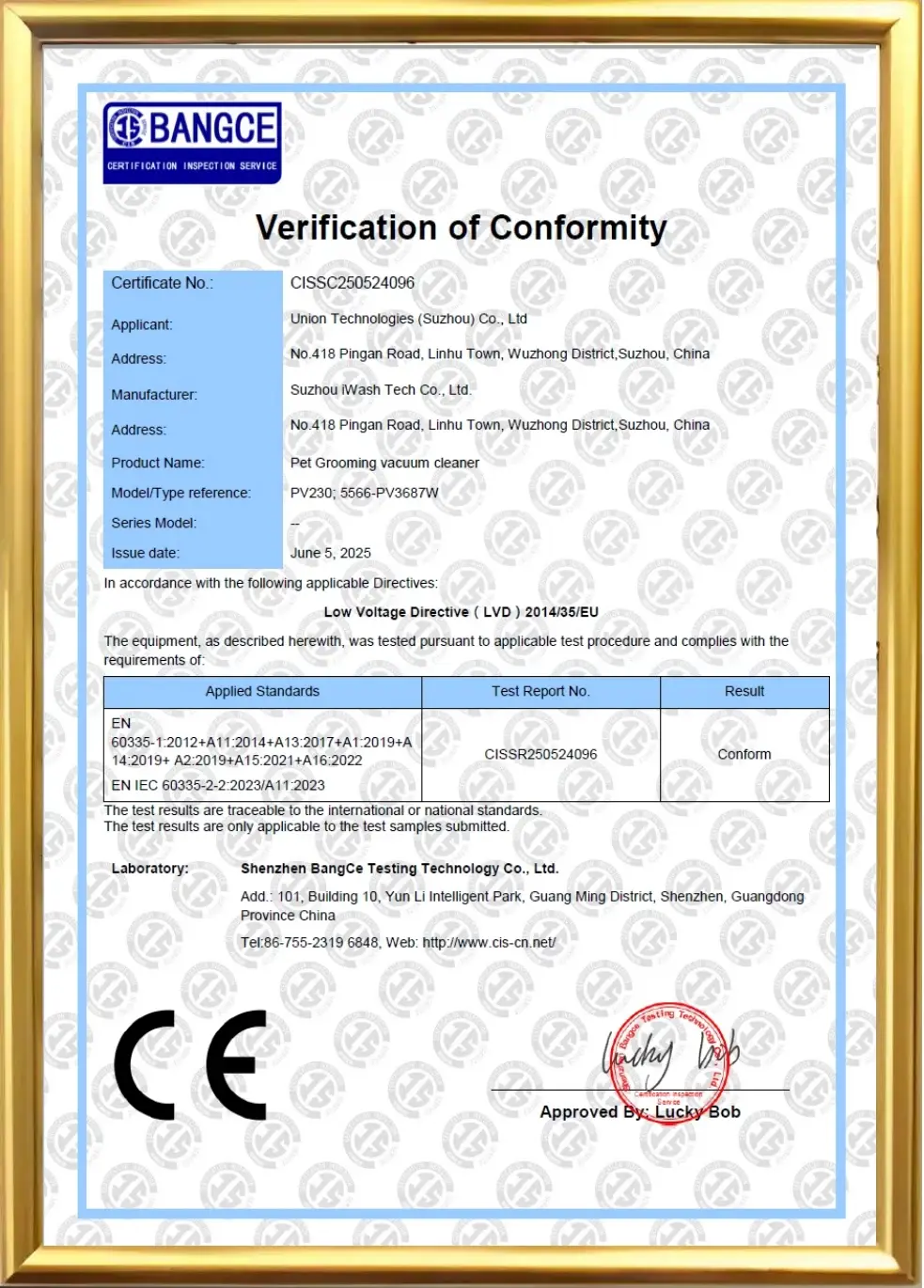 UNION Technologies CE Verification of Conformity Certificate, EU Market Compliance for Vacuum Cleaners