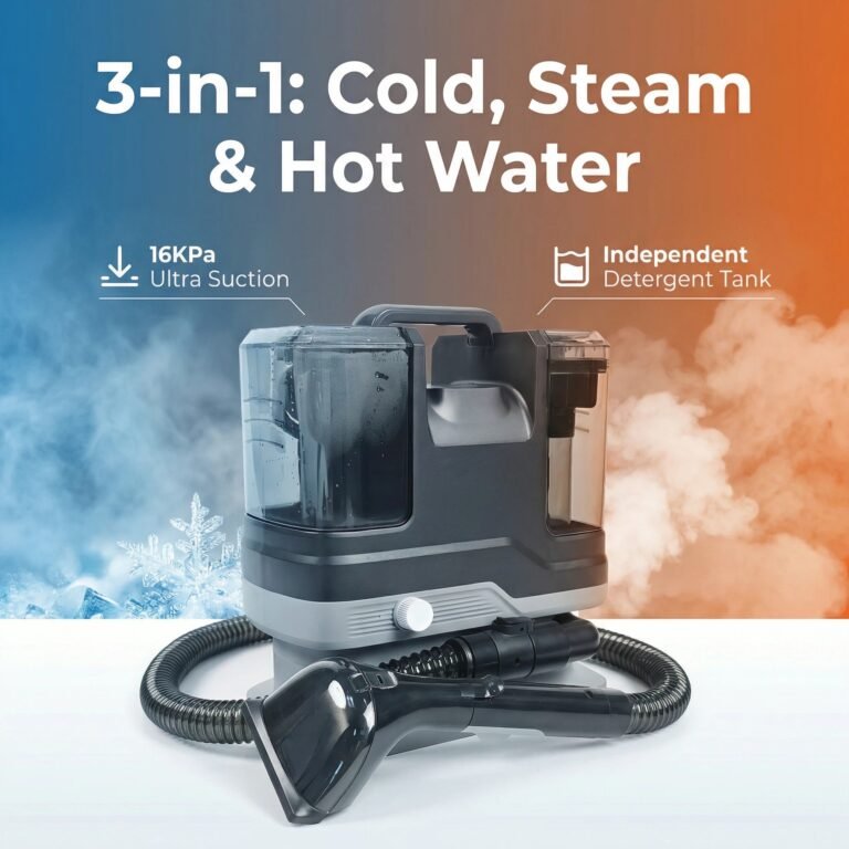 UNION Cleaning Appliance 3-in-1 wet and dry vacuum with steam and hot water cleaning sofa.英翊科技 三合一干湿两用吸尘器，正在使用蒸汽和热水模式清洁沙发.