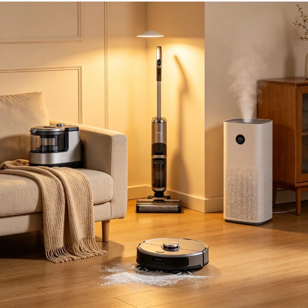 UNION Cleaning Appliances smart home scene with family enjoying clean, comfortable life, featuring robotic vacuum and air purifier