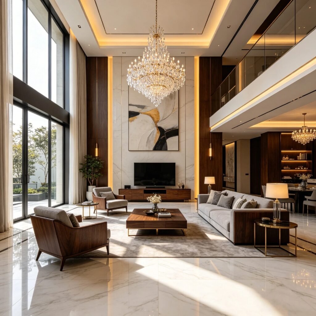 Luxury modern villa living room, bright and spacious home environment for premium lifestyle solutions