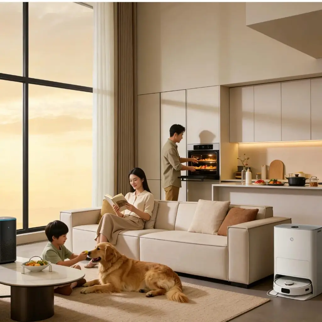 UNION Smart Home Appliances in Family Living Scene, Robot Vacuum, Air Purifier & Oven for Modern Home Life
